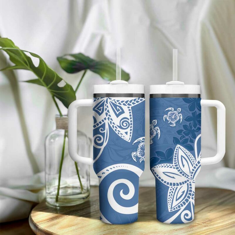 Polynesia Blue Tribal Turtle Floral Custom Stanley Quencher 40oz Stainless Steel Tumbler With Handle - Threewoofs - Image 9
