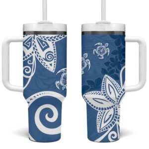 Polynesia Blue Tribal Turtle Floral Custom Stanley Quencher 40oz Stainless Steel Tumbler With Handle - Threewoofs