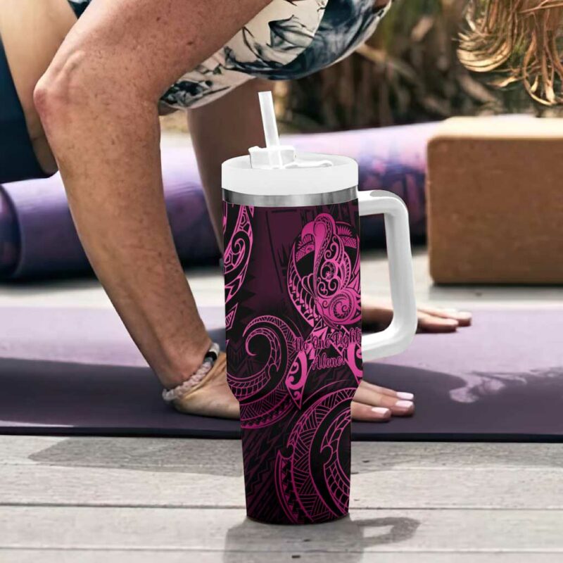 Polynesia Breast Cancer Awareness No One Fights Alone Pink Ribbon Custom Stanley Quencher 40oz Stainless Steel Tumbler With Handle - Threewoofs - Image 6