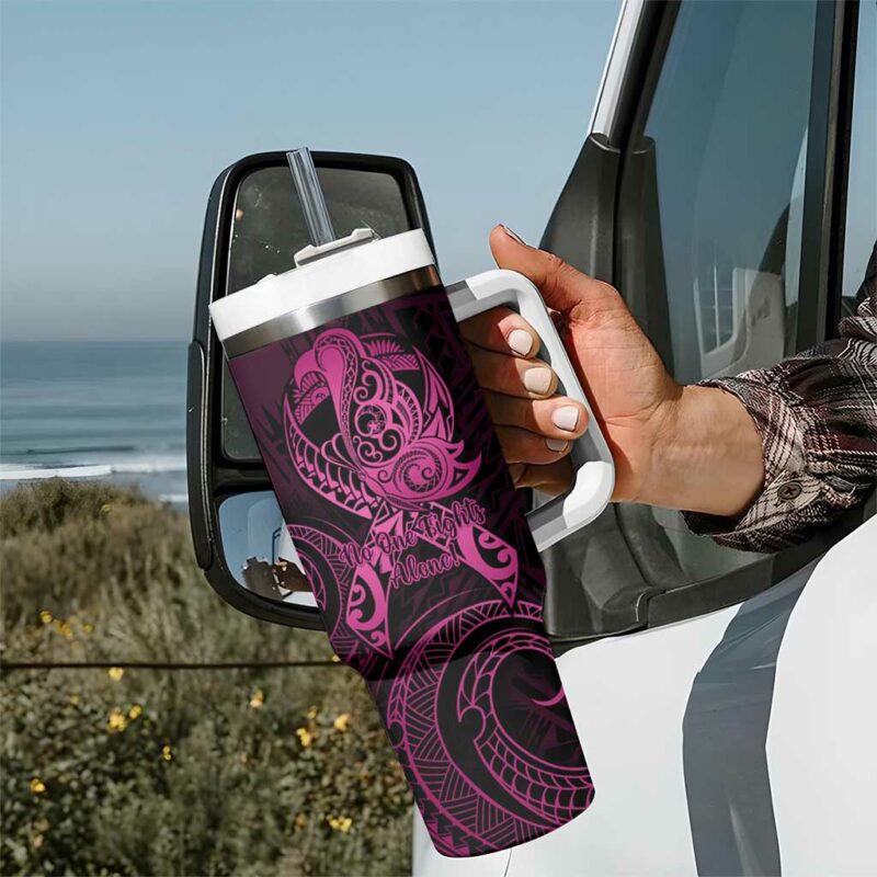 Polynesia Breast Cancer Awareness No One Fights Alone Pink Ribbon Custom Stanley Quencher 40oz Stainless Steel Tumbler With Handle - Threewoofs - Image 7