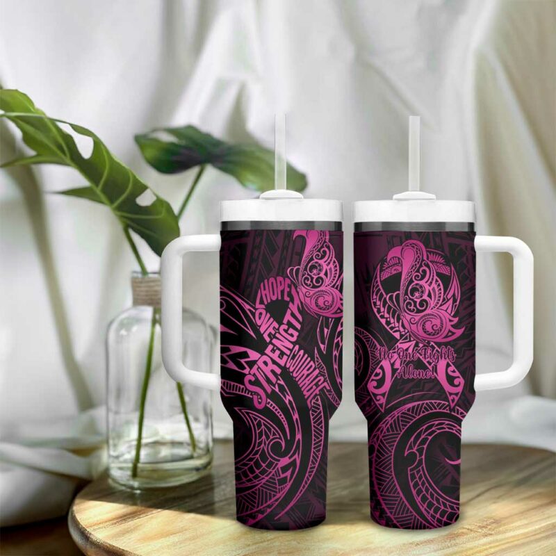 Polynesia Breast Cancer Awareness No One Fights Alone Pink Ribbon Custom Stanley Quencher 40oz Stainless Steel Tumbler With Handle - Threewoofs - Image 9