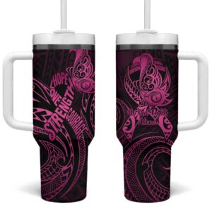 Polynesia Breast Cancer Awareness No One Fights Alone Pink Ribbon Custom Stanley Quencher 40oz Stainless Steel Tumbler With Handle - Threewoofs