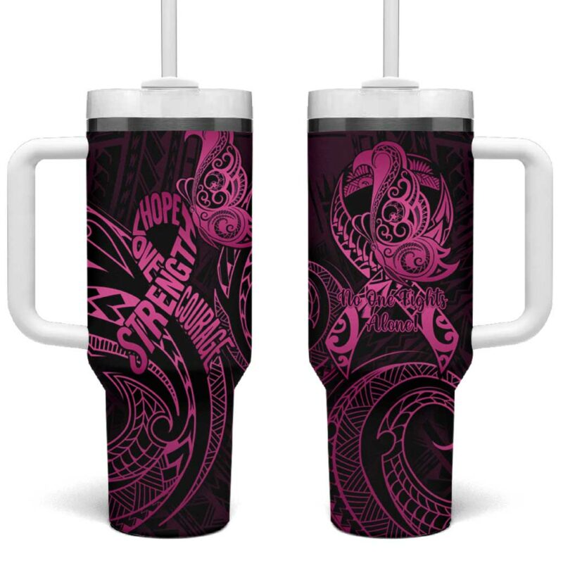 Polynesia Breast Cancer Awareness No One Fights Alone Pink Ribbon Custom Stanley Quencher 40oz Stainless Steel Tumbler With Handle - Threewoofs