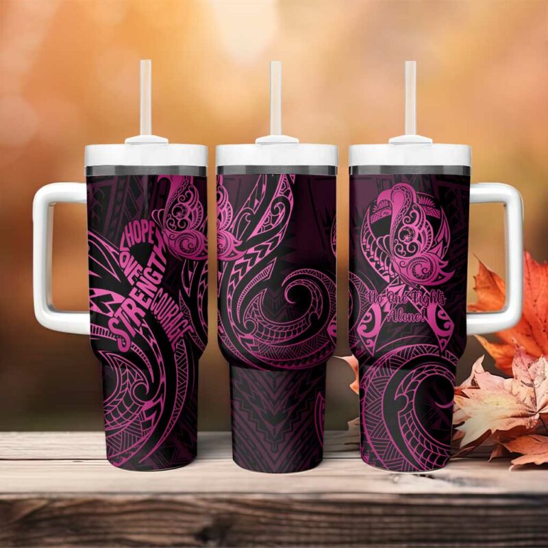 Polynesia Breast Cancer Awareness No One Fights Alone Pink Ribbon Custom Stanley Quencher 40oz Stainless Steel Tumbler With Handle - Threewoofs - Image 4