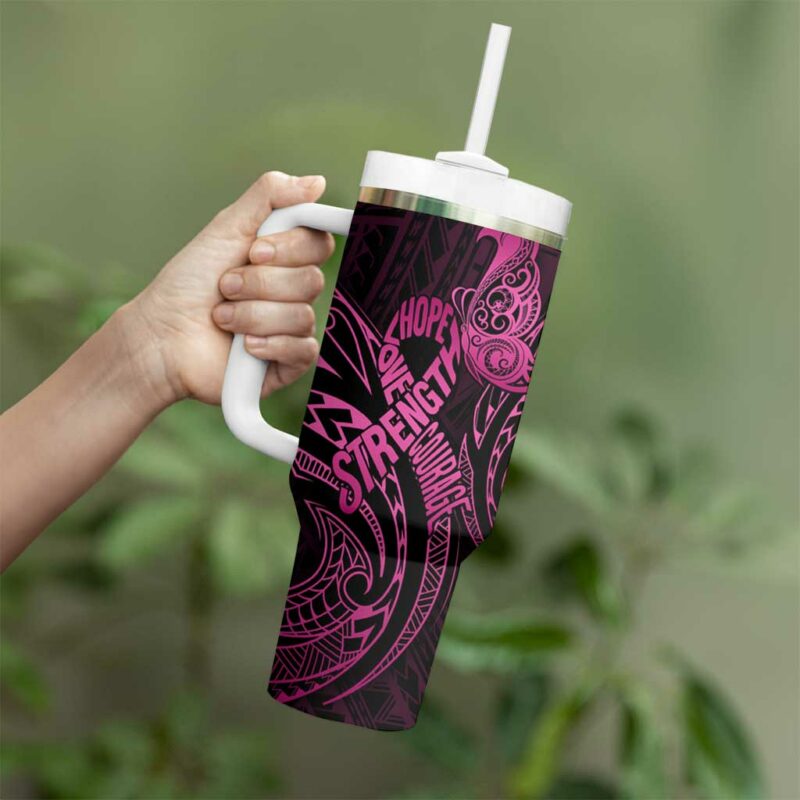 Polynesia Breast Cancer Awareness No One Fights Alone Pink Ribbon Custom Stanley Quencher 40oz Stainless Steel Tumbler With Handle - Threewoofs - Image 3
