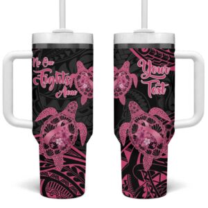 Polynesia Breast Cancer Awareness No One Fights Alone Turtle Ribbon Black Custom Stanley Quencher 40oz Stainless Steel Tumbler With Handle - Threewoofs