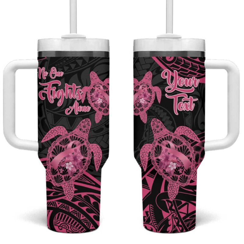 Polynesia Breast Cancer Awareness No One Fights Alone Turtle Ribbon Black Custom Stanley Quencher 40oz Stainless Steel Tumbler With Handle - Threewoofs