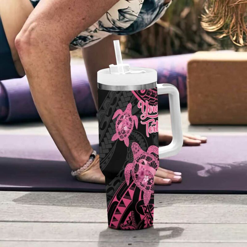 Polynesia Breast Cancer Awareness No One Fights Alone Turtle Ribbon Black Custom Stanley Quencher 40oz Stainless Steel Tumbler With Handle - Threewoofs - Image 6