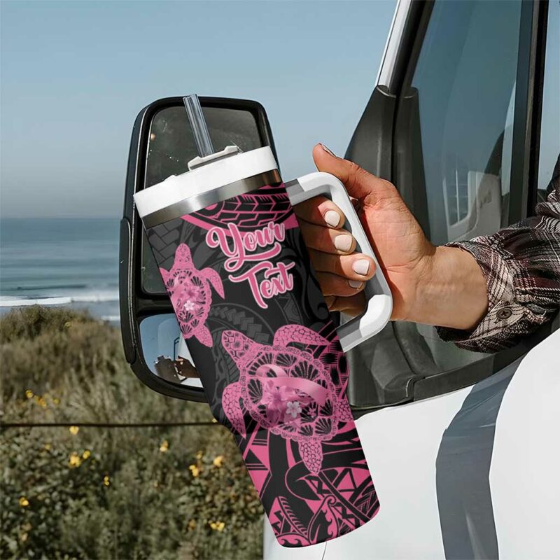 Polynesia Breast Cancer Awareness No One Fights Alone Turtle Ribbon Black Custom Stanley Quencher 40oz Stainless Steel Tumbler With Handle - Threewoofs - Image 7