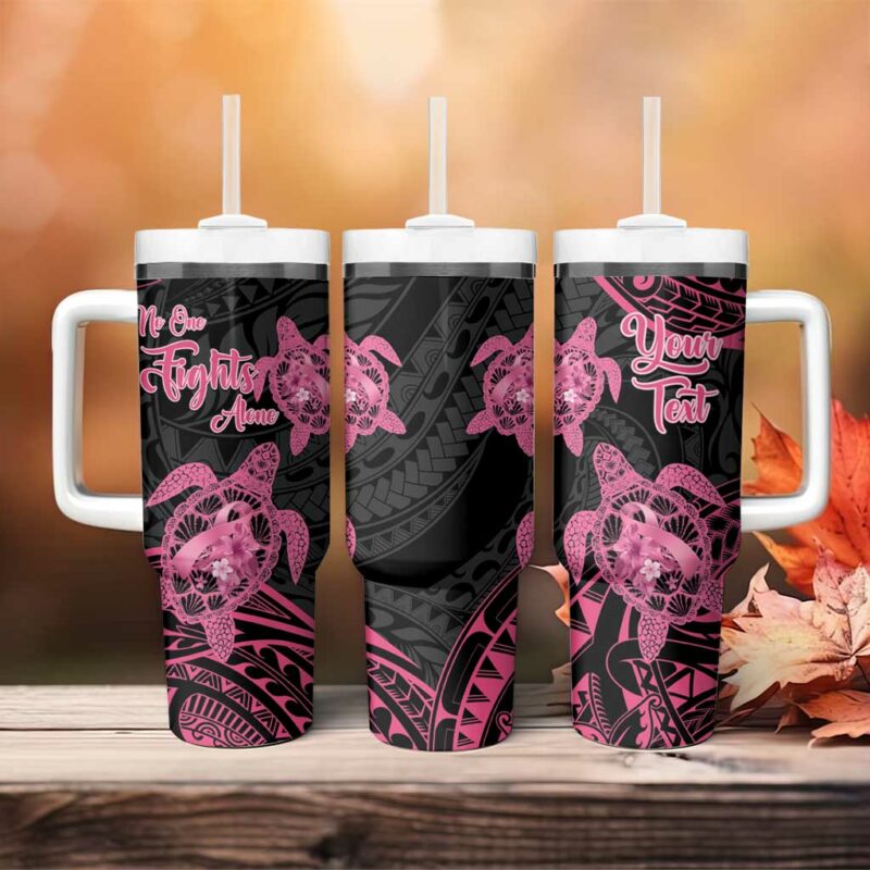 Polynesia Breast Cancer Awareness No One Fights Alone Turtle Ribbon Black Custom Stanley Quencher 40oz Stainless Steel Tumbler With Handle - Threewoofs - Image 4