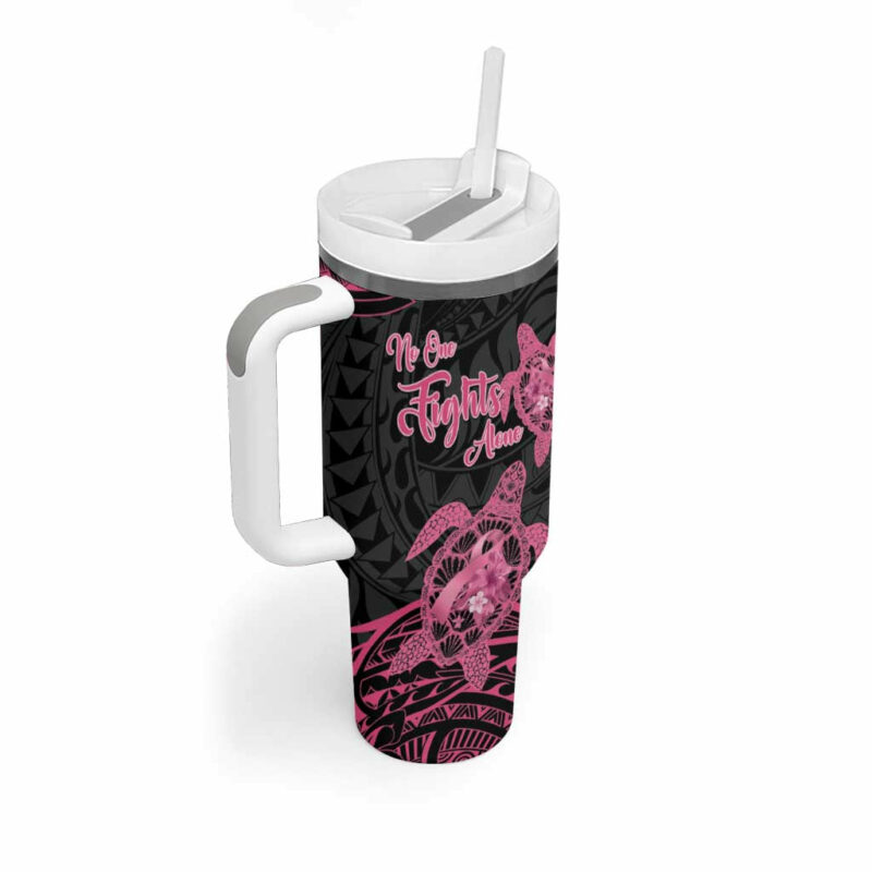 Polynesia Breast Cancer Awareness No One Fights Alone Turtle Ribbon Black Custom Stanley Quencher 40oz Stainless Steel Tumbler With Handle - Threewoofs - Image 2