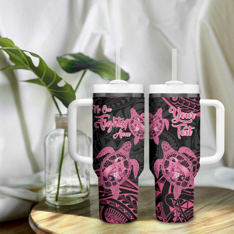 Polynesia Breast Cancer Awareness No One Fights Alone Turtle Ribbon Black Custom Stanley Quencher 40oz Stainless Steel Tumbler With Handle - Threewoofs - Image 9