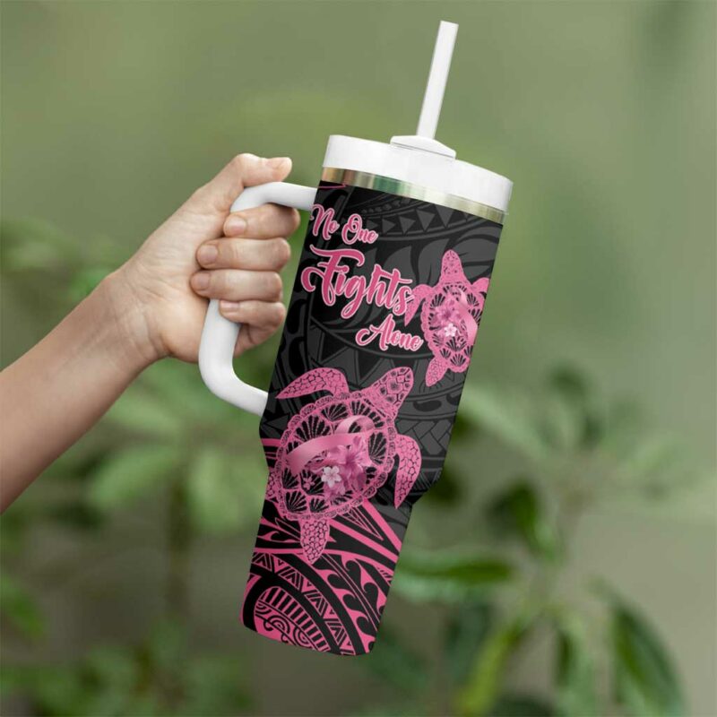 Polynesia Breast Cancer Awareness No One Fights Alone Turtle Ribbon Black Custom Stanley Quencher 40oz Stainless Steel Tumbler With Handle - Threewoofs - Image 3