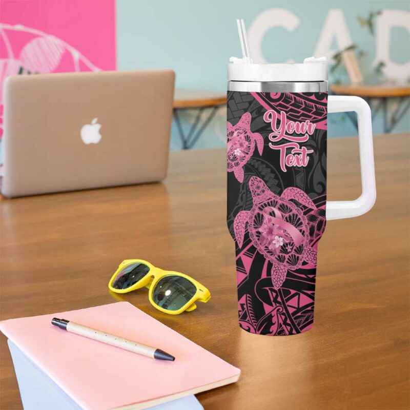 Polynesia Breast Cancer Awareness No One Fights Alone Turtle Ribbon Black Custom Stanley Quencher 40oz Stainless Steel Tumbler With Handle - Threewoofs - Image 5