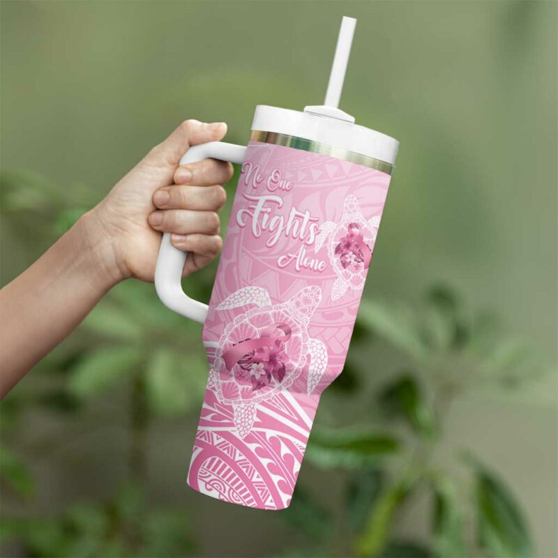 Polynesia Breast Cancer Awareness No One Fights Alone Turtle Ribbon Pink Custom Stanley Quencher 40oz Stainless Steel Tumbler With Handle - Threewoofs - Image 3
