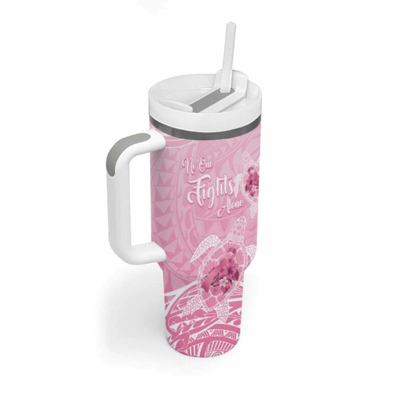 Polynesia Breast Cancer Awareness No One Fights Alone Turtle Ribbon Pink Custom Stanley Quencher 40oz Stainless Steel Tumbler With Handle - Threewoofs - Image 2
