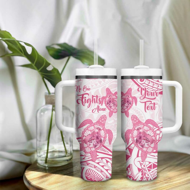 Polynesia Breast Cancer Awareness No One Fights Alone Turtle Ribbon White Custom Stanley Quencher 40oz Stainless Steel Tumbler With Handle - Threewoofs - Image 9
