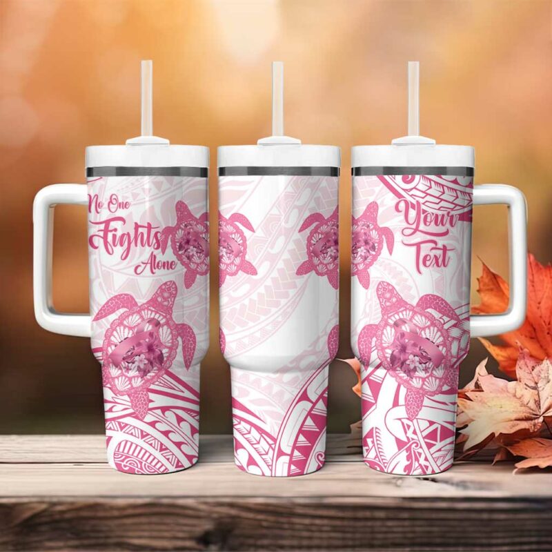 Polynesia Breast Cancer Awareness No One Fights Alone Turtle Ribbon White Custom Stanley Quencher 40oz Stainless Steel Tumbler With Handle - Threewoofs - Image 4