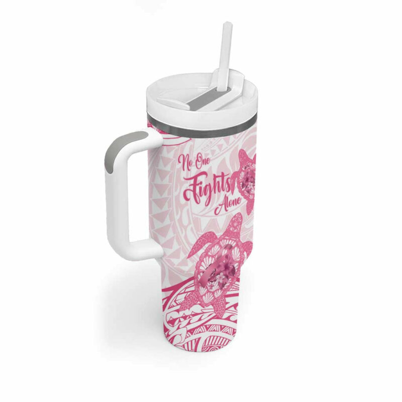 Polynesia Breast Cancer Awareness No One Fights Alone Turtle Ribbon White Custom Stanley Quencher 40oz Stainless Steel Tumbler With Handle - Threewoofs - Image 2