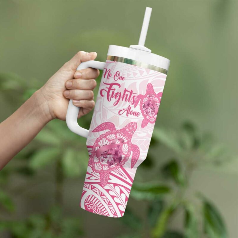 Polynesia Breast Cancer Awareness No One Fights Alone Turtle Ribbon White Custom Stanley Quencher 40oz Stainless Steel Tumbler With Handle - Threewoofs - Image 3