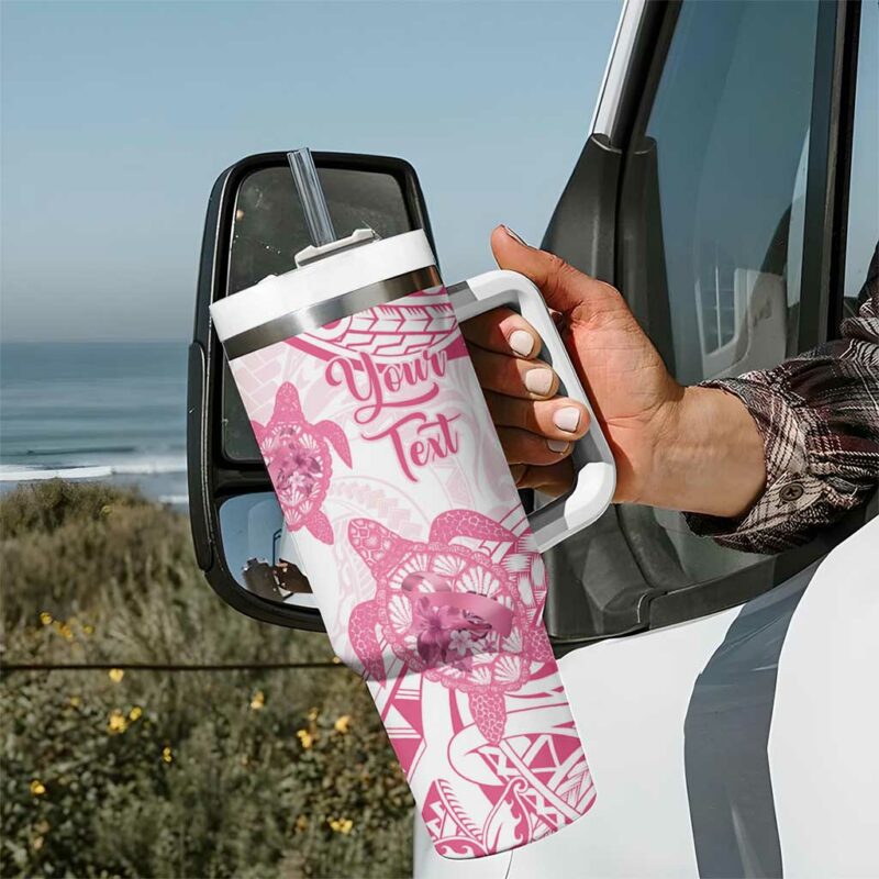 Polynesia Breast Cancer Awareness No One Fights Alone Turtle Ribbon White Custom Stanley Quencher 40oz Stainless Steel Tumbler With Handle - Threewoofs - Image 7