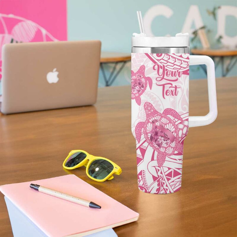 Polynesia Breast Cancer Awareness No One Fights Alone Turtle Ribbon White Custom Stanley Quencher 40oz Stainless Steel Tumbler With Handle - Threewoofs - Image 5