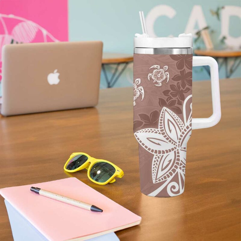 Polynesia Brown Tribal Turtle Floral Custom Stanley Quencher 40oz Stainless Steel Tumbler With Handle - Threewoofs - Image 5