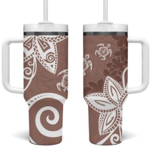 Polynesia Brown Tribal Turtle Floral Custom Stanley Quencher 40oz Stainless Steel Tumbler With Handle - Threewoofs