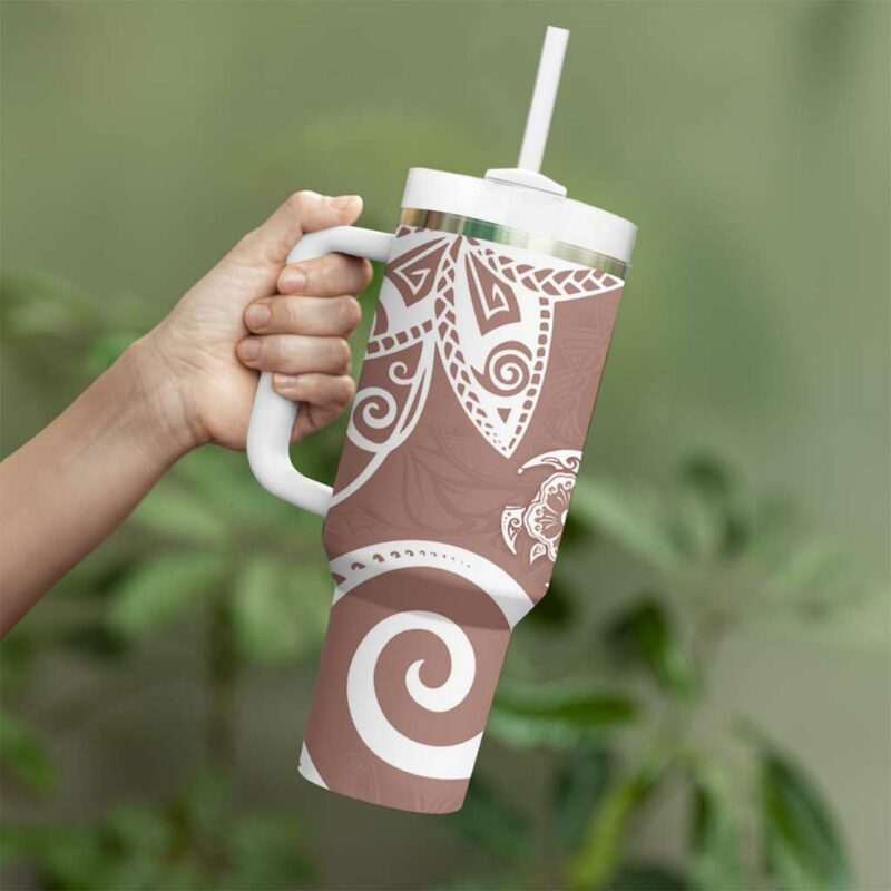 Polynesia Brown Tribal Turtle Floral Custom Stanley Quencher 40oz Stainless Steel Tumbler With Handle - Threewoofs - Image 3
