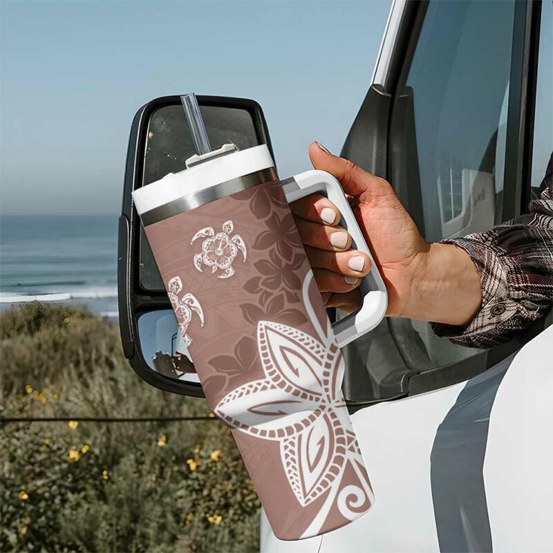 Polynesia Brown Tribal Turtle Floral Custom Stanley Quencher 40oz Stainless Steel Tumbler With Handle - Threewoofs - Image 7