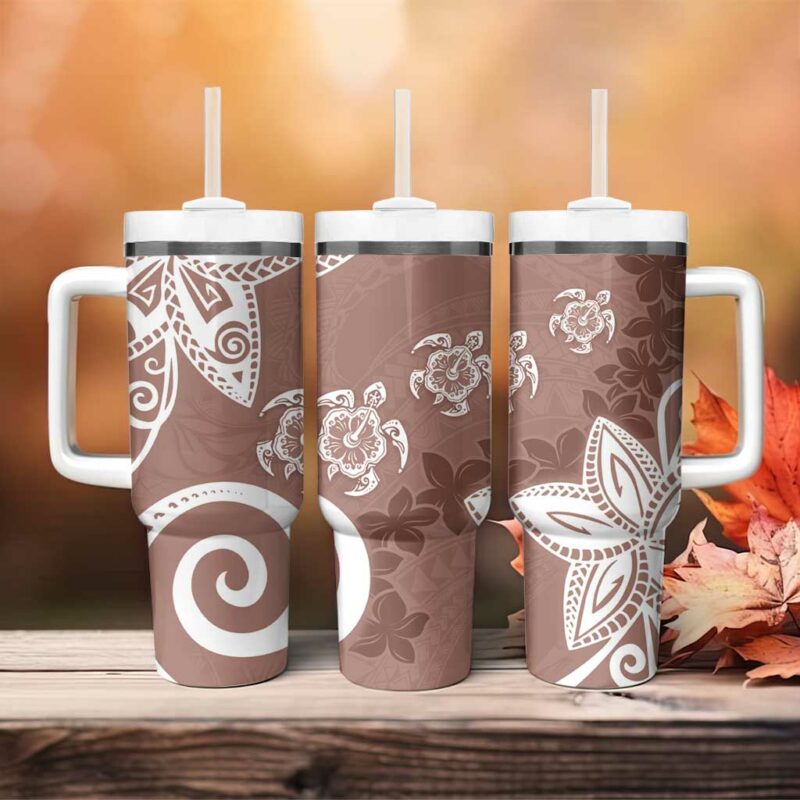 Polynesia Brown Tribal Turtle Floral Custom Stanley Quencher 40oz Stainless Steel Tumbler With Handle - Threewoofs - Image 4
