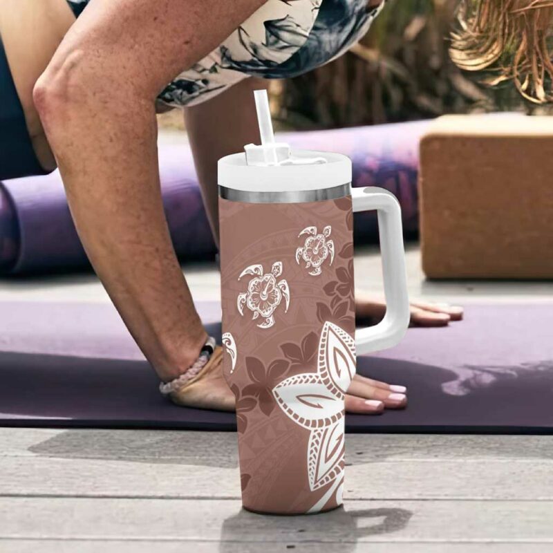 Polynesia Brown Tribal Turtle Floral Custom Stanley Quencher 40oz Stainless Steel Tumbler With Handle - Threewoofs - Image 6