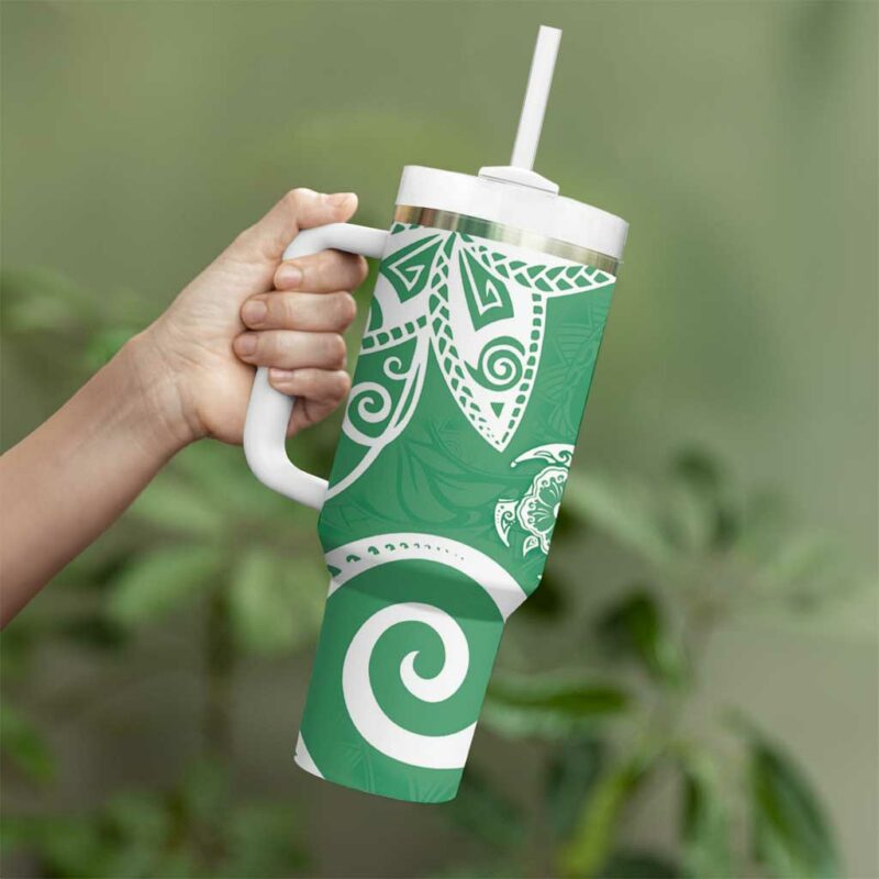 Polynesia Green Tribal Turtle Floral Custom Stanley Quencher 40oz Stainless Steel Tumbler With Handle - Threewoofs - Image 3
