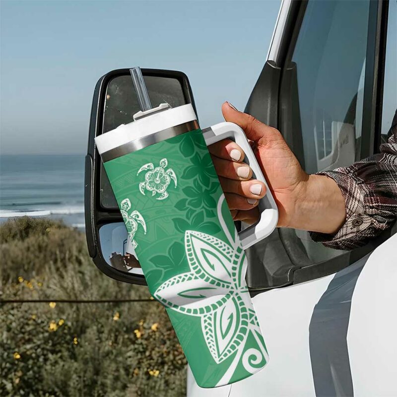Polynesia Green Tribal Turtle Floral Custom Stanley Quencher 40oz Stainless Steel Tumbler With Handle - Threewoofs - Image 7