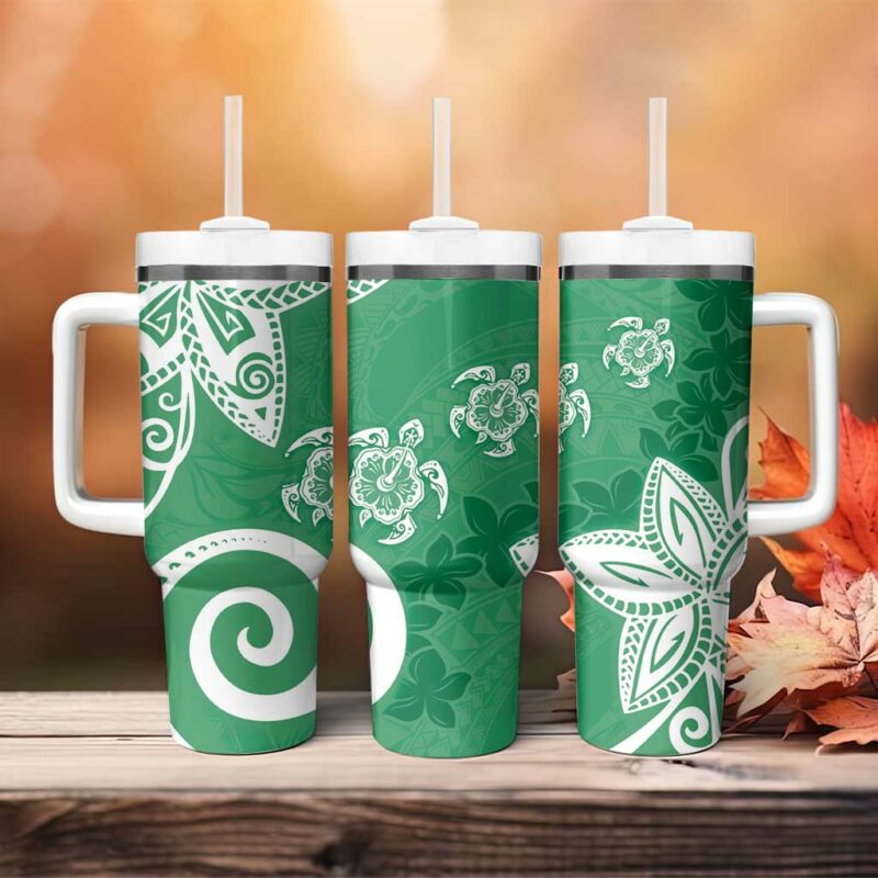 Polynesia Green Tribal Turtle Floral Custom Stanley Quencher 40oz Stainless Steel Tumbler With Handle - Threewoofs - Image 4