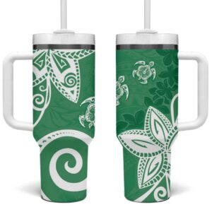 Polynesia Green Tribal Turtle Floral Custom Stanley Quencher 40oz Stainless Steel Tumbler With Handle - Threewoofs