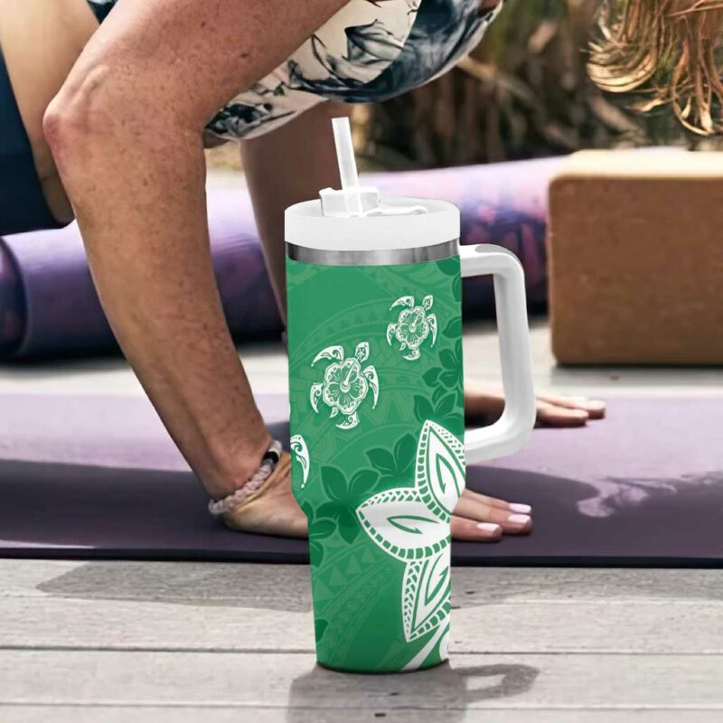 Polynesia Green Tribal Turtle Floral Custom Stanley Quencher 40oz Stainless Steel Tumbler With Handle - Threewoofs - Image 6