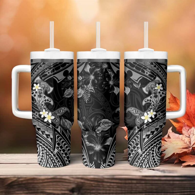 Polynesia Hammerhead Shark Tropical Flowers Tribal Black Custom Stanley Quencher 40oz Stainless Steel Tumbler With Handle - Threewoofs - Image 4