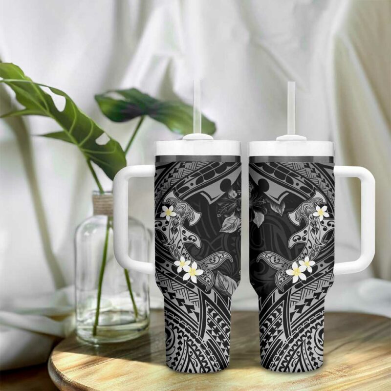 Polynesia Hammerhead Shark Tropical Flowers Tribal Black Custom Stanley Quencher 40oz Stainless Steel Tumbler With Handle - Threewoofs - Image 9