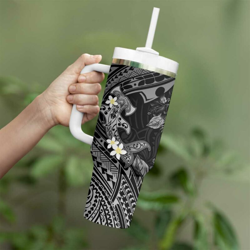 Polynesia Hammerhead Shark Tropical Flowers Tribal Black Custom Stanley Quencher 40oz Stainless Steel Tumbler With Handle - Threewoofs - Image 3