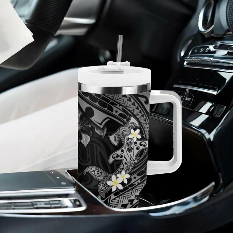 Polynesia Hammerhead Shark Tropical Flowers Tribal Black Custom Stanley Quencher 40oz Stainless Steel Tumbler With Handle - Threewoofs - Image 8