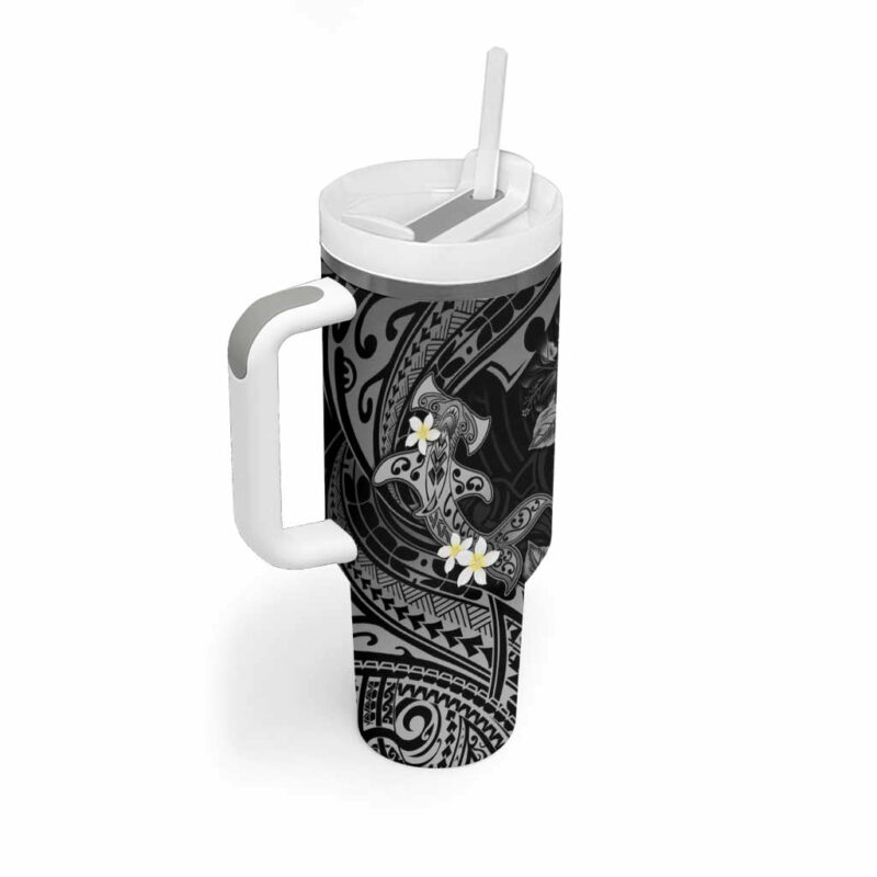 Polynesia Hammerhead Shark Tropical Flowers Tribal Black Custom Stanley Quencher 40oz Stainless Steel Tumbler With Handle - Threewoofs - Image 2