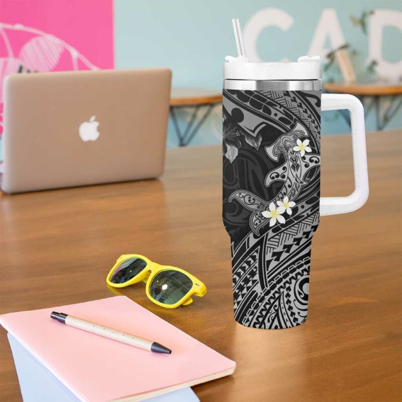 Polynesia Hammerhead Shark Tropical Flowers Tribal Black Custom Stanley Quencher 40oz Stainless Steel Tumbler With Handle - Threewoofs - Image 5