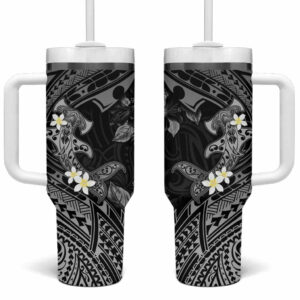 Polynesia Hammerhead Shark Tropical Flowers Tribal Black Custom Stanley Quencher 40oz Stainless Steel Tumbler With Handle - Threewoofs