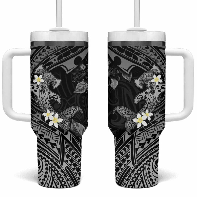 Polynesia Hammerhead Shark Tropical Flowers Tribal Black Custom Stanley Quencher 40oz Stainless Steel Tumbler With Handle - Threewoofs