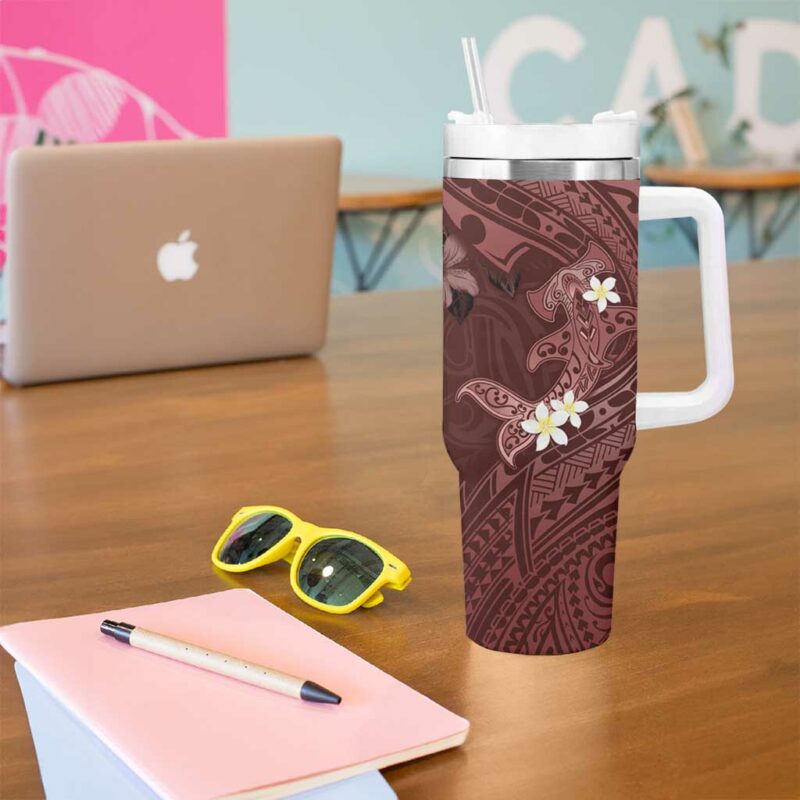 Polynesia Hammerhead Shark Tropical Flowers Tribal Oxblood Custom Stanley Quencher 40oz Stainless Steel Tumbler With Handle - Threewoofs - Image 5