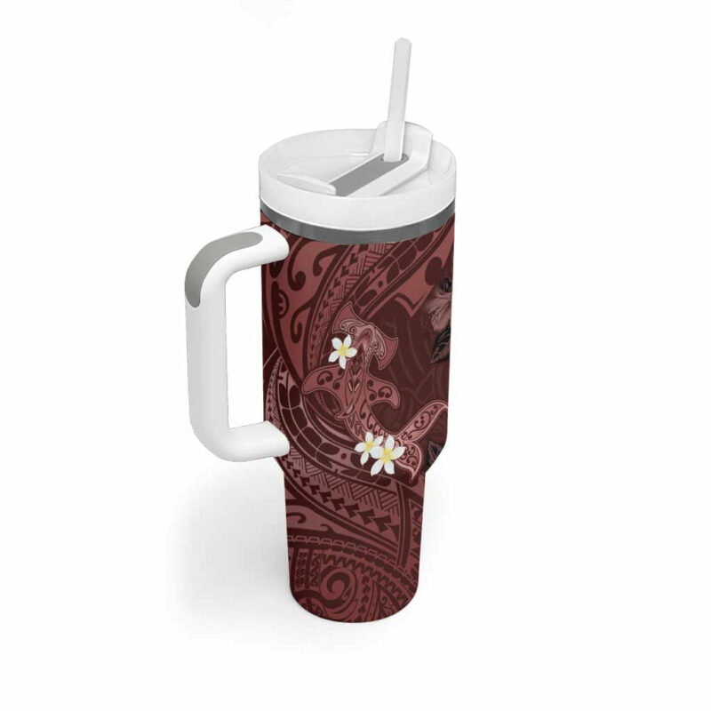 Polynesia Hammerhead Shark Tropical Flowers Tribal Oxblood Custom Stanley Quencher 40oz Stainless Steel Tumbler With Handle - Threewoofs - Image 2