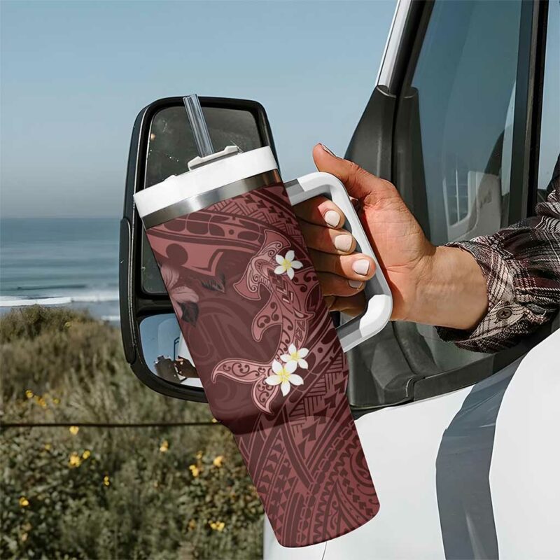 Polynesia Hammerhead Shark Tropical Flowers Tribal Oxblood Custom Stanley Quencher 40oz Stainless Steel Tumbler With Handle - Threewoofs - Image 7