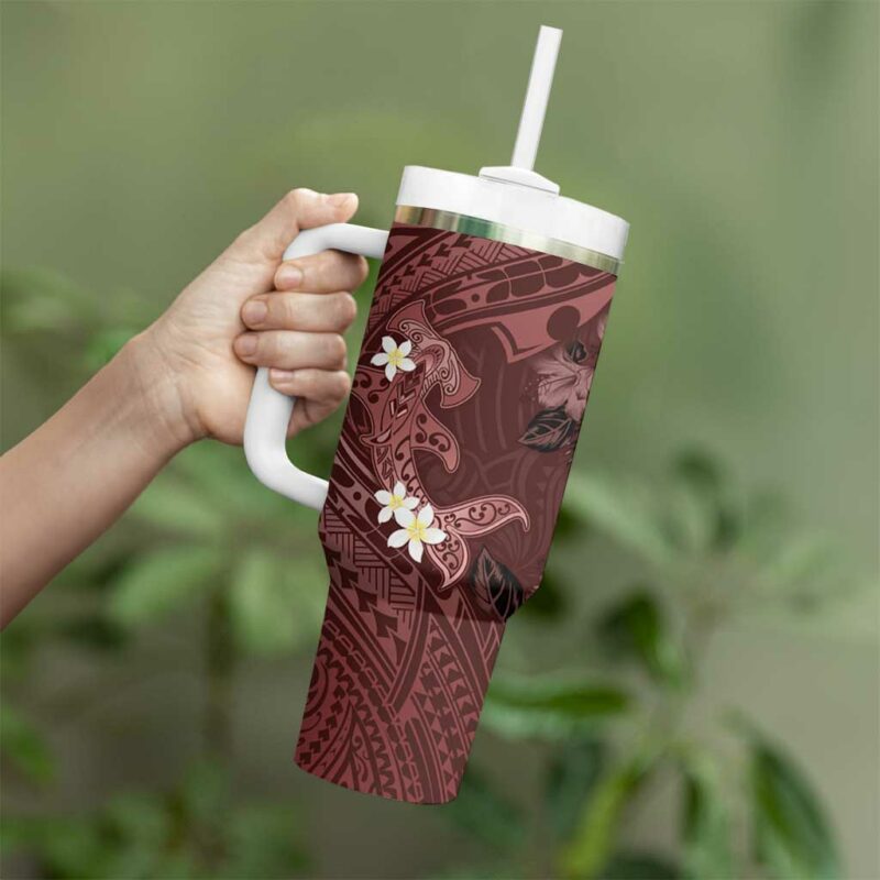 Polynesia Hammerhead Shark Tropical Flowers Tribal Oxblood Custom Stanley Quencher 40oz Stainless Steel Tumbler With Handle - Threewoofs - Image 3