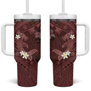 Polynesia Hammerhead Shark Tropical Flowers Tribal Oxblood Custom Stanley Quencher 40oz Stainless Steel Tumbler With Handle - Threewoofs